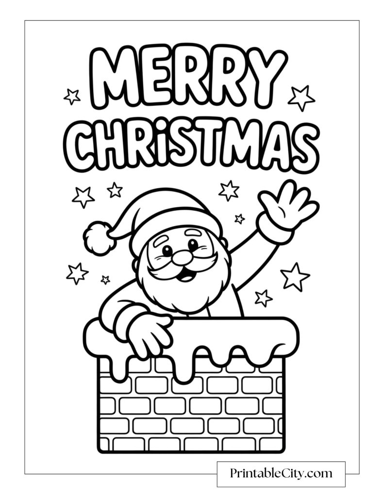 Santa waving from a snowy chimney under the words Merry Christmas with stars all around.